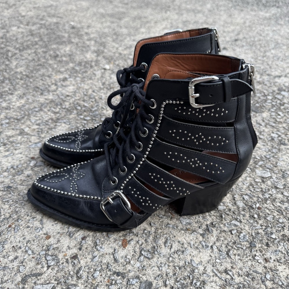 Coach Paisley Ankle Boots Luxe Leather Cut Out Studded Womens 7.5 B Black Goth - Picture 4 of 8